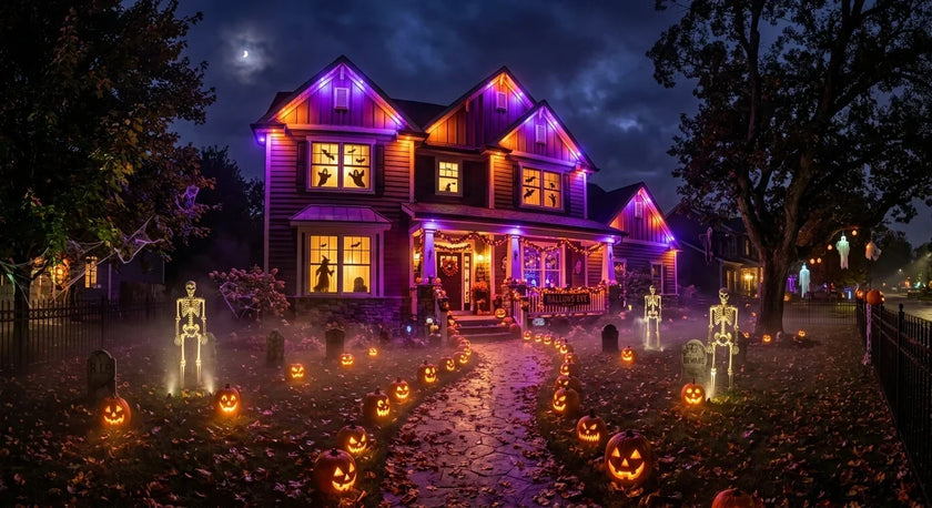 Spooky Halloween outdoor smart LED lighting display on suburban house
