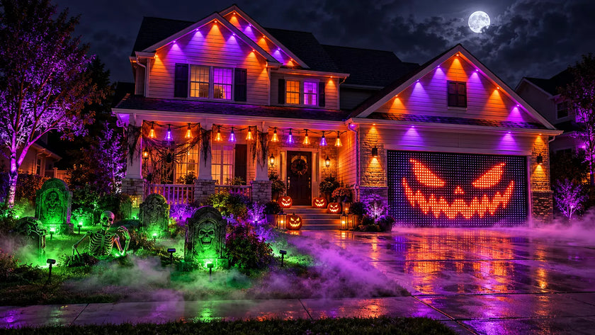 Complete smart outdoor Halloween lighting display on a suburban house with porch, roofline, garage, and lawn lights