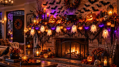 Battery operated Halloween ghost and pumpkin string lights on mantel