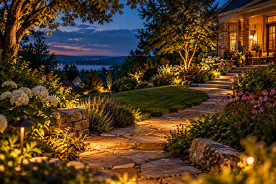Warm solar landscape lighting glowing along tranquil evening garden pathway