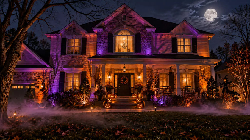 Orange and purple Halloween lighting ideas on a front porch and yard