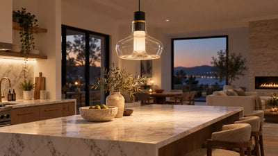 Linkind LP5 smart pendant light hanging over a modern kitchen island with warm ambient lighting