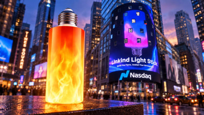 Close up of the Linkind Smart Light Stick featuring flame and ambient lighting against a blurred Times Square backdrop