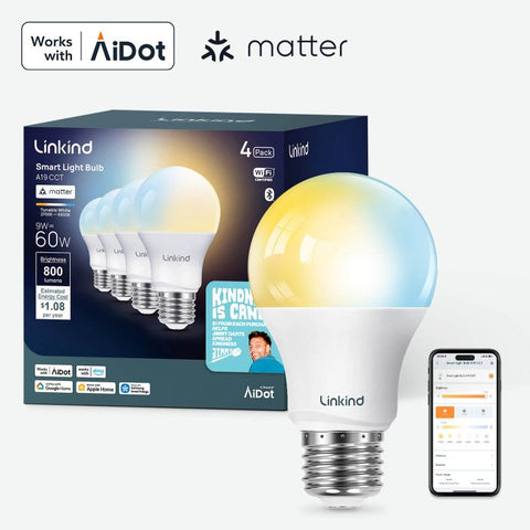 Linkind A19 Matter Smart CCT Light Bulbs - 800lm