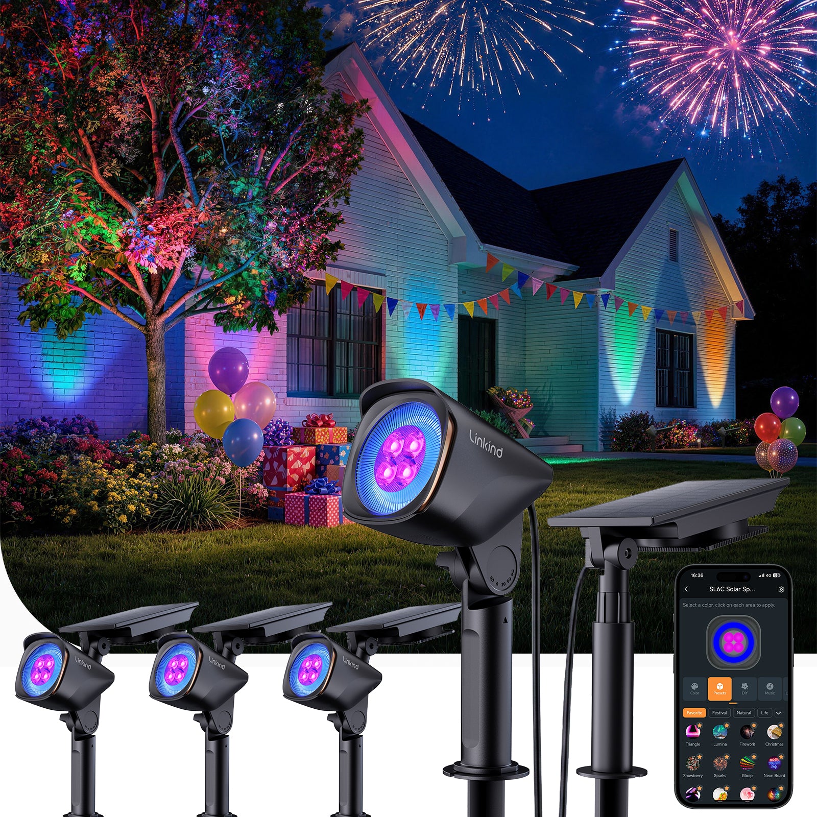 Linkind Smart Solar Spotlights SL6C with Dual-Ring Lighting(App&Voice Control, 16 Million Color, IP66 Waterproof)
