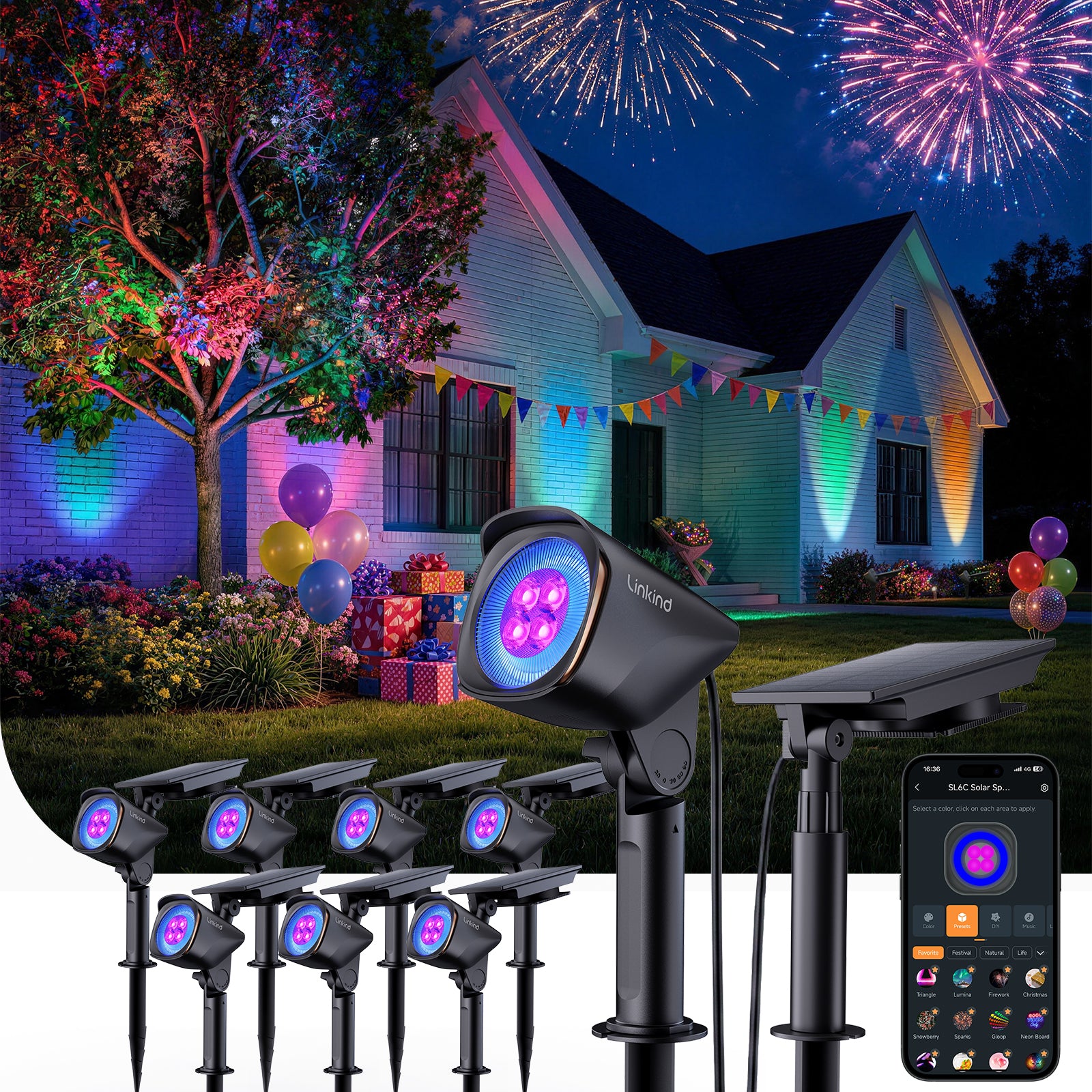 Linkind Smart Solar Spotlights SL6C with Dual-Ring Lighting(App&Voice Control, 16 Million Color, IP66 Waterproof)