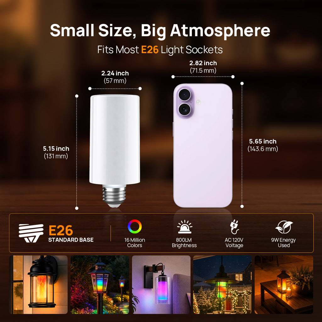 Linkind T19 E26 Smart Flame Light Bulb 850lm, Color Changing LED Bulb with Alexa Control for Porch & Outdoor Lighting