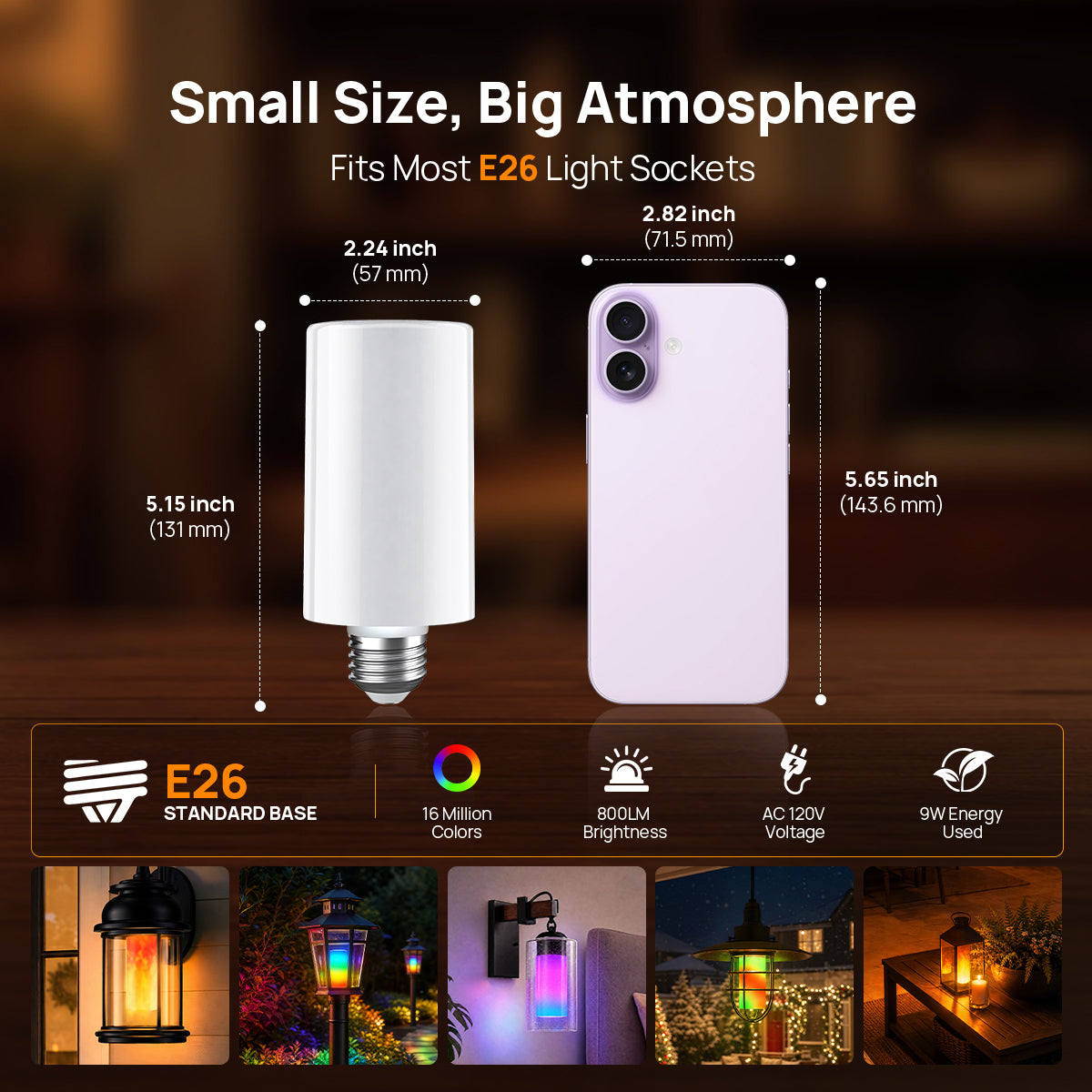Linkind T19 E26 Smart Flame Light Bulb 850lm, Color Changing LED Bulb with Alexa Control for Porch & Outdoor Lighting