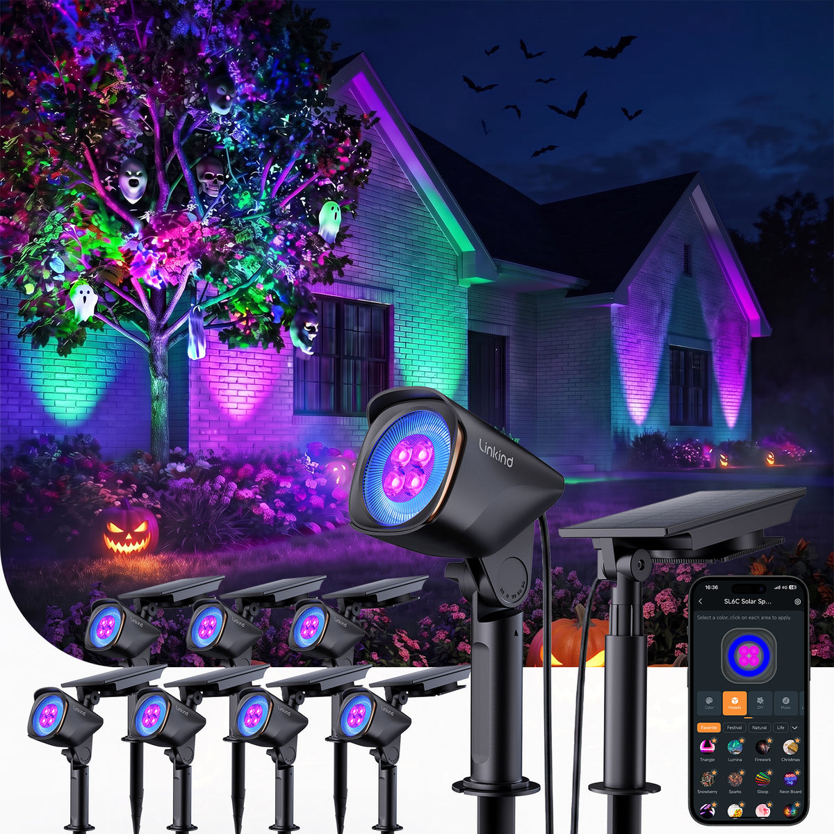 Linkind Smart Solar Spotlights SL6C with Dual-Ring Lighting(App&Voice Control, 16 Million Color, IP66 Waterproof)