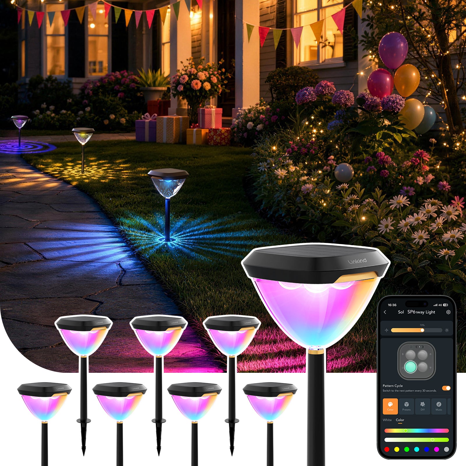 Linkind SP6 Smart Solar Pathway Lights,Engineered for Long-Term Outdoor Performance(5 Built-in Light Patterns, App&Voice Control, 16 Million Color)