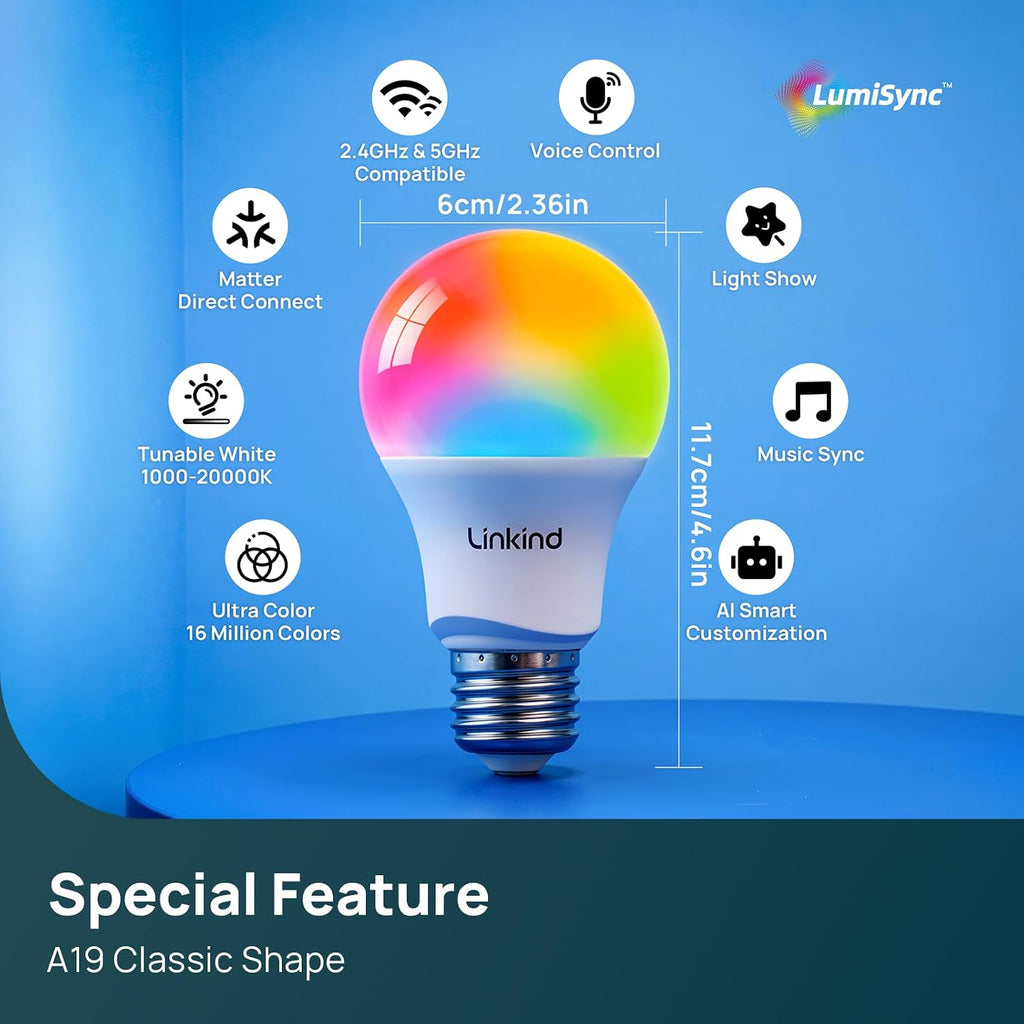 Linkind Smart Light Bulb UltraColor A19 Color+White 1100lm