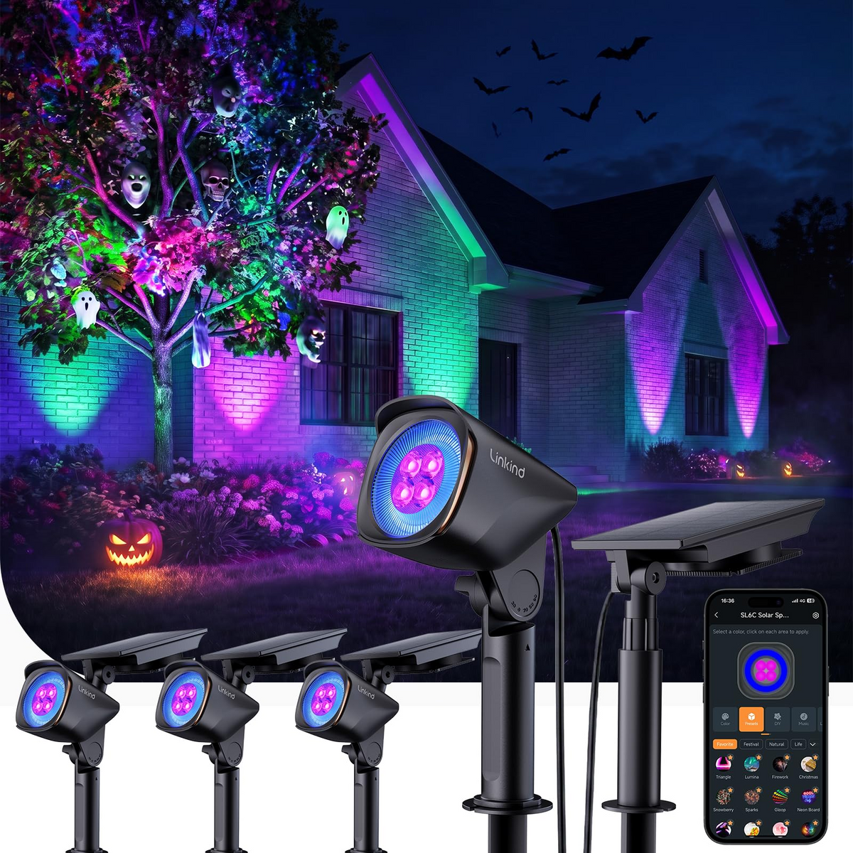 Linkind Smart Solar Spotlights SL6C with Dual-Ring Lighting(App&Voice Control, 16 Million Color, IP66 Waterproof)