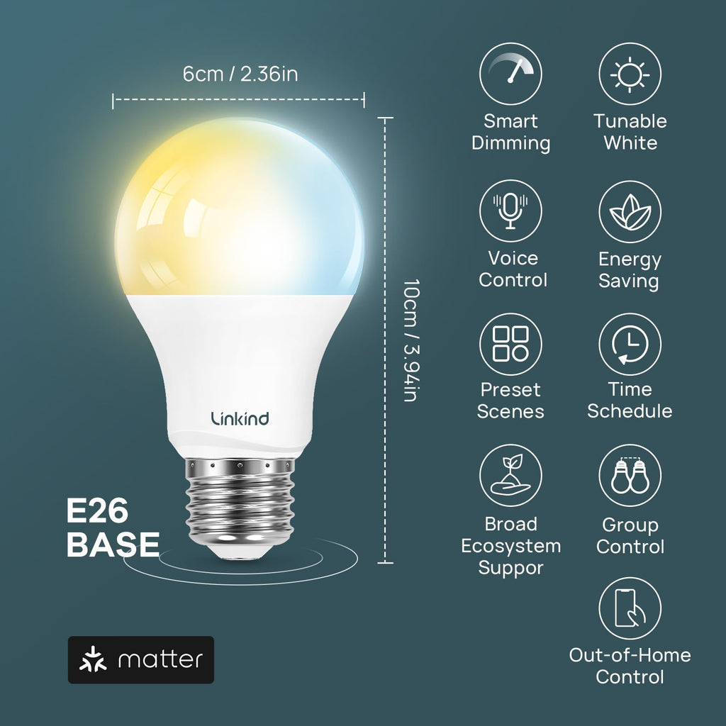 Linkind Matter Smart CCT Bulb - A19 Smart Light Bulbs (800lm)